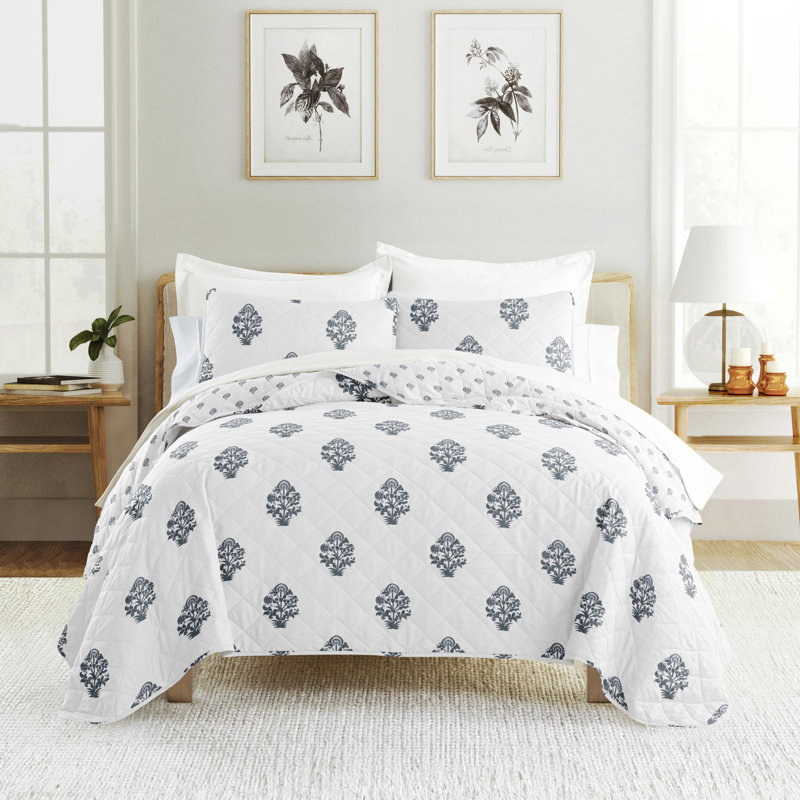 Quilt Set - Lightweight - All Season Quilted Coverlet -Stamped Bloom Dusk Blue, Twin Quilt + 1 Standard Sham
