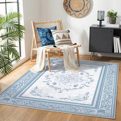5' X 8' TPE Non-slip Bottom, Imitation Cashmere Floral Pattern Area Rug,Dusty Blue