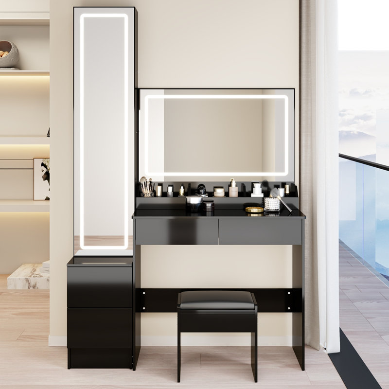 Très grande coiffeuse à miroir à DEL + armoire à miroir à DEL, Noir