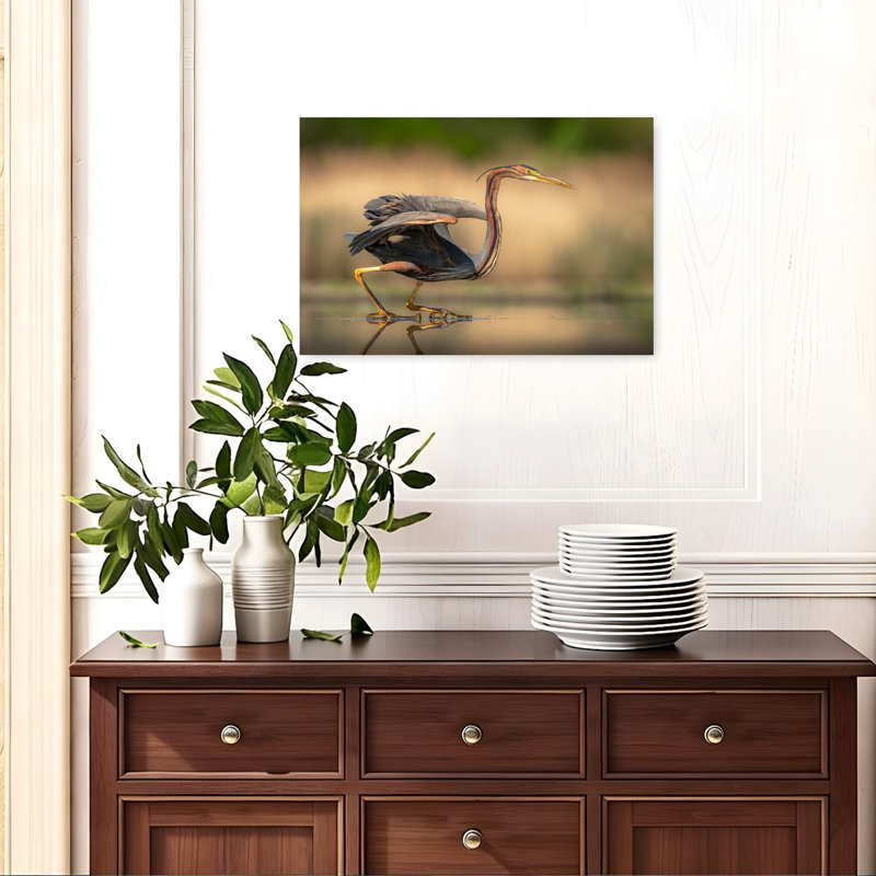 Purple Heron Stalking Contemporary Bird Wall Art Print 1 Piece Wrapped Canvas Wall Art, 40.64cm H x 60.96cm W