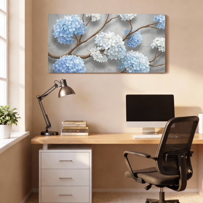 Bleu et blanc hortensia, reproduction d'art sur toile tendue sur toile à motif floral pour salon, chambre à coucher, décor à la maison