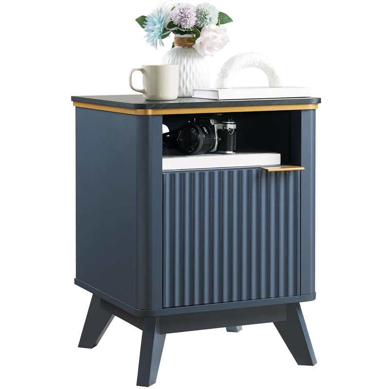 Table de chevet cannelée avec station de charge, bleu marine, Blue/Black