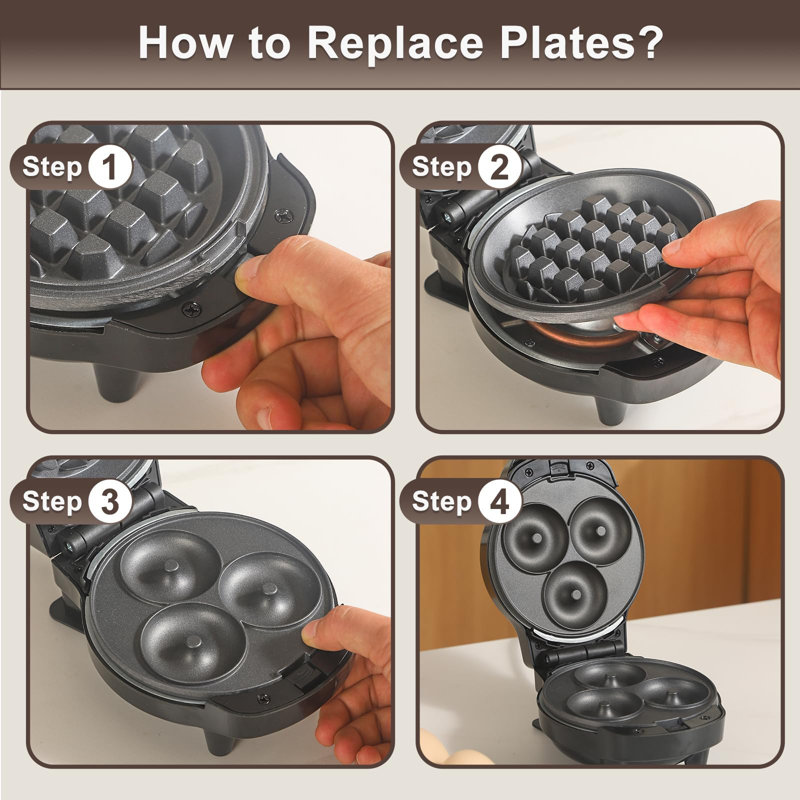 3-in-1 Mini Waffle Maker with 6 Removable Plates