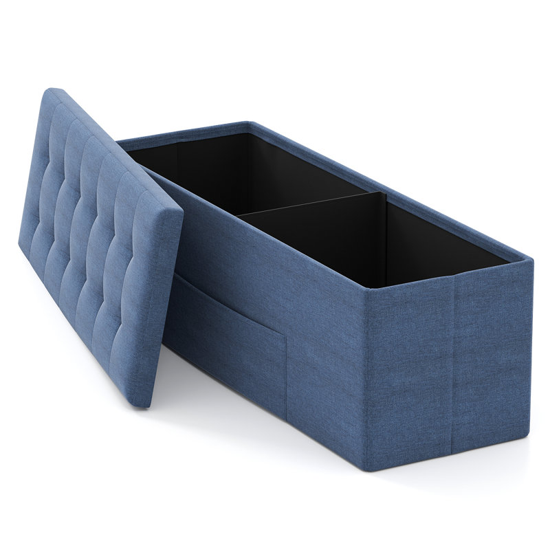 Folding Storage Ottoman Bench, Storage Chest Box w/Divider, Padded Seat Shoe Bench, Fabric Tufted Ottoman for Home, Navy