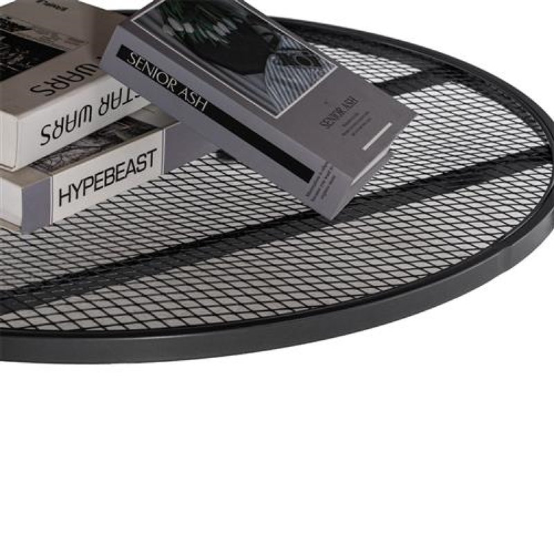 31.89In Double-Layer Round Fire-Burned Wood PVC Density Board Panel, Black Base With Silver Pattern Powder-Coated Iron Frame Coffee Table