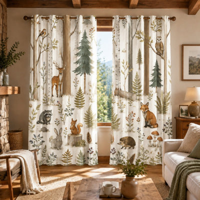 Ensemble de 2 rideaux imprimés animaux de la forêt et arbres, style rustique, motif botanique, œillets décoratifs pour le salon.