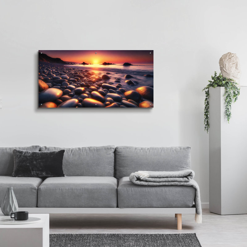  «Sunset On Rocks Beach» par Rey Klimt, art mural en verre acrylique, 48 po x 24 po