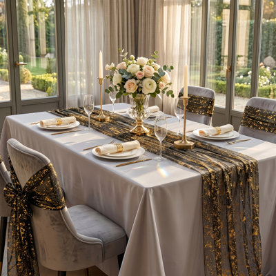 Paquet de 10 chemins de table en tulle à paillettes dorées scintillantes, foulard de table transparent en polyester 28 po x 120 po ivoire et or noir, élégante décoration de table transparente pour réception de mariage, douche nuptiale, banquet des Fêtes