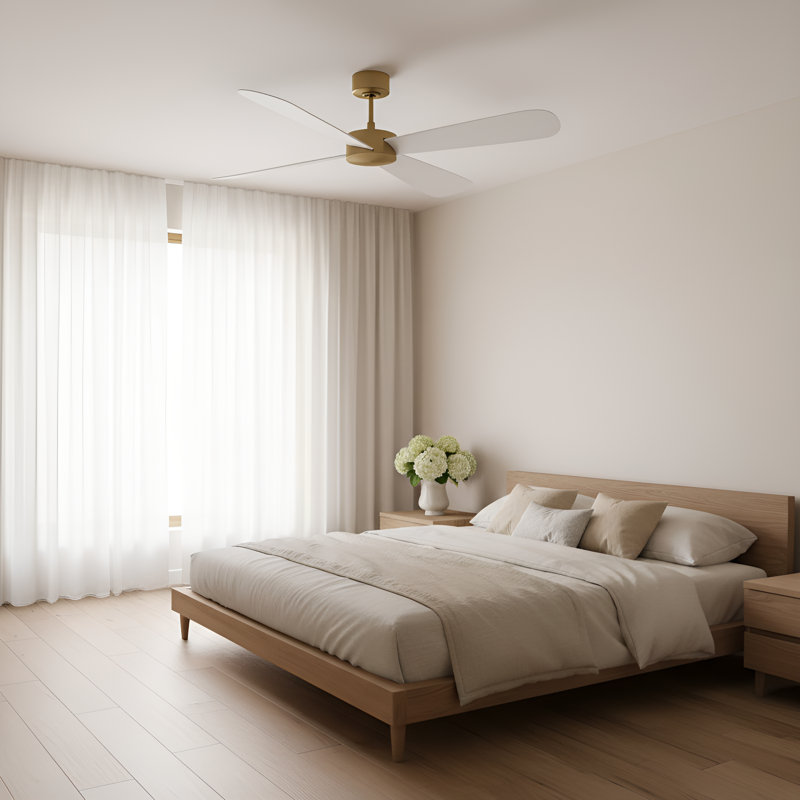  Paddle Smart 52 Indoor Ceiling Fan with Threaded Downrod, Matte White ABS blades and Handheld Remote, Burnished Brass