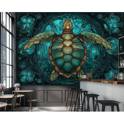Papier peint auto-adhésif style vitrail pelez et collez tortue de mer bleu sarcelle lueur d'océan H 69 po x l 96 po papier adhésif amovible en PVC pour chambre à coucher salon bureau à domicile