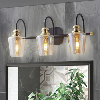 Meuble-lavabo industriel 3 lumières noir clair avec abat-jour en verre transparent