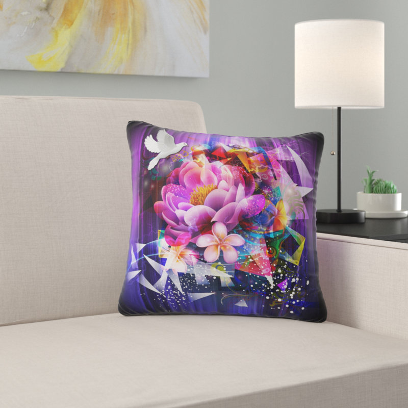 Motif floral abstrait avec colombe - imprimé floral, 18 po x 18 po, Coussin décoratif