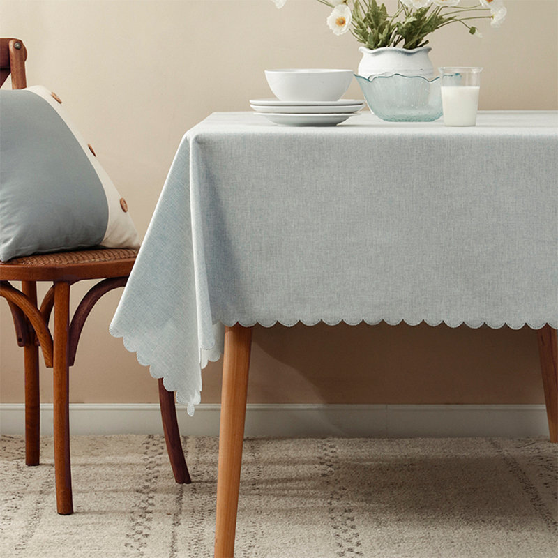 Grey Scalloped Edge Wrinkle-free Heat Resistant 56"x40" Rectangular Tablecloth, 80" x 56", Light Blue