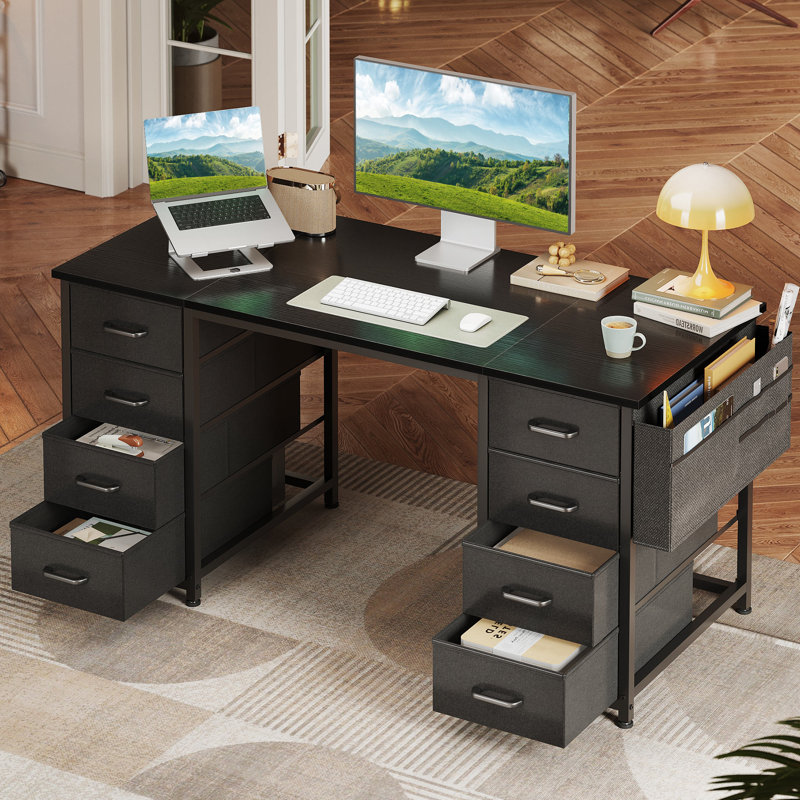 Home Office Desk With 8 Spacious Drawers, Modern Writing Desk With Sturdy Design, Corner Desk With Reversible Structure