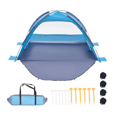Abri de plage portatif pour 3 personnes, protection UPF 50+, parasol de plage léger et facile à installer, idéal pour le camping, la pêche et les pique-niques en plein air. Il est fourni avec un sac de transport et des sacs de sable. Parfait pour le camping, la pêche et les pique-niques en extérieur.