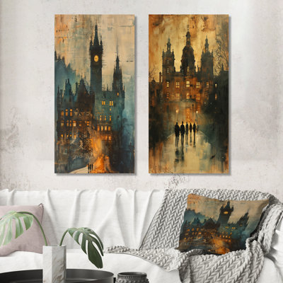 Green Yellow Mystic College Tower I – University Metal Wall Decor Set of 2 Prints