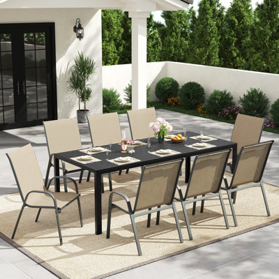 Ensemble de salle à manger d'extérieur pour 8 personnes, chaises empilables et table de salle à manger Hdpe 82,6 po, ensemble de salle à manger toutes saisons pour pelouse, jardin, cour