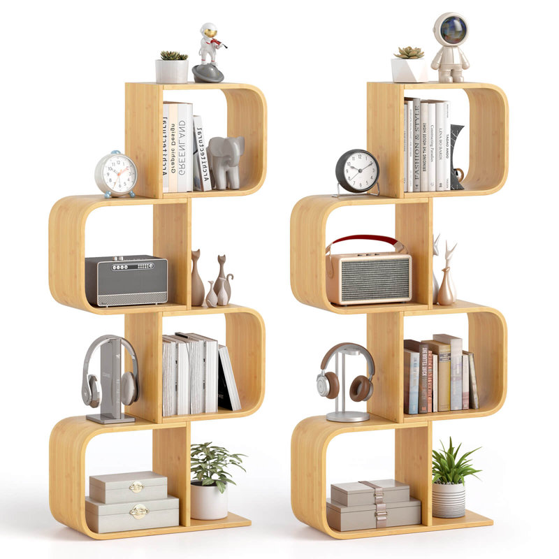 Bibliothèque 2 pièces à 4 niveaux en forme de S avec 4 tablettes d'angle géométriques ouvertes