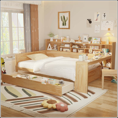 Lit de jour en bois avec tablettes de rangement, tiroirs et bureau d'étude