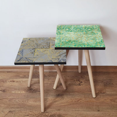 Modern Nesting Table Set (2 Pieces), Grey  Green with Gold Accents, 13.8 x 18.5 x 13.8 inches  13.8 x 16.5 x 13.8 inches | 100% MDF with Beech Wood