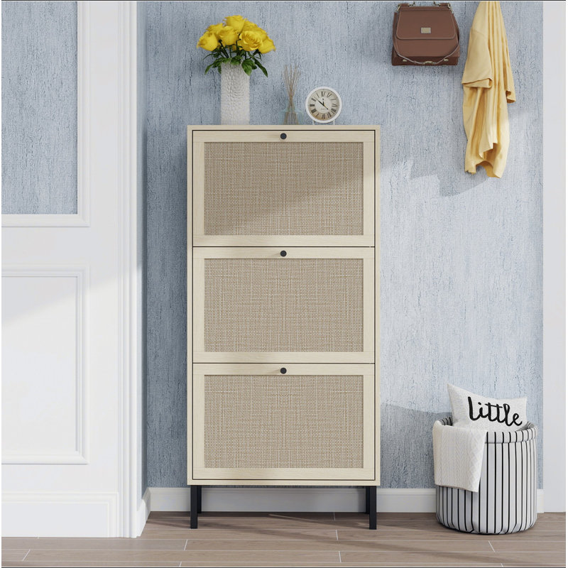 Étagère à chaussures en rotin 3 portes, armoire de rangement pour chaussures moderne autoportante, pour vestibule, Natural