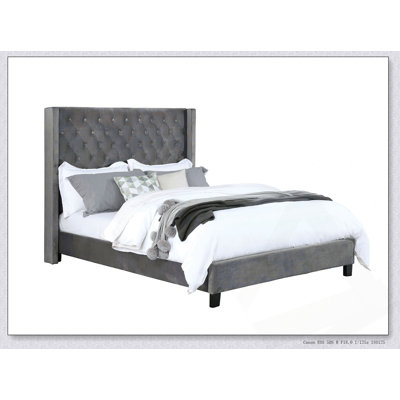 Transitional Gray Upholstered Bed Frame with Tufted Headboard and Wingback Design for Elegant Bedrooms