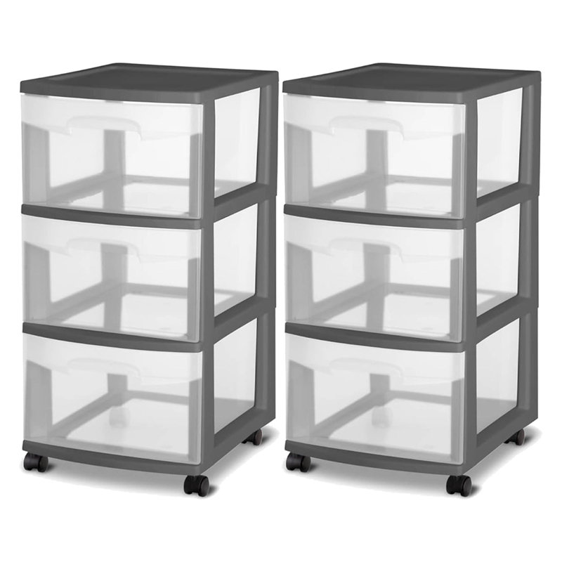 Sterilite 3 Drawer Home Organizer Storage Cart w/Caster Wheels, Grey (2 Pack)