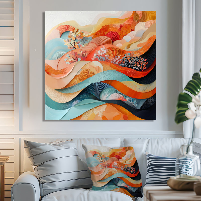 Abstrait corail, vagues océaniques de l'éternité I - art mural corail, H 16 po x l 16 po, Toile tendue, Ne s’applique pas