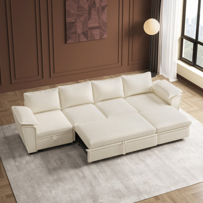 Luna Chenille L-Shaped Storage Sectional Sofa Pull Out Sofa Bed Sleeper Livingroom Bedroom Apartment Couch, Beige Chenille