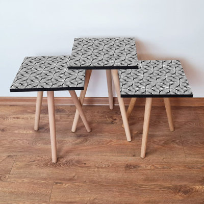 Modern Nesting Table Set (3 Pieces), White & Black, 13.8 x 20.5 x 13.8 inches | 100% MDF with Beech Wood Legs, Thickness: 0.7 inches | Geometric Design, Stylish & Functional for Living Room & Office Spaces
