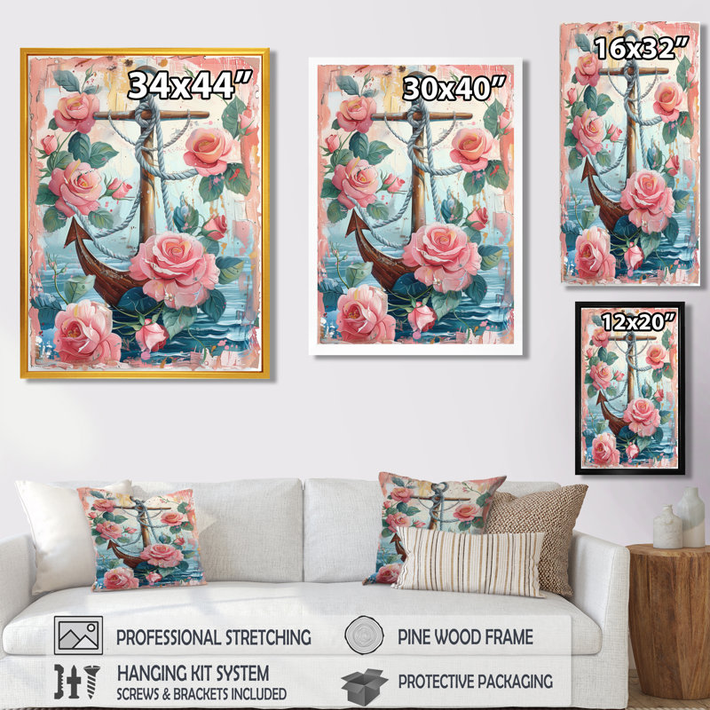Ancre de pirate rose et vert avec roses roses II - décoration murale bord de mer, Toile avec cadre flottant or