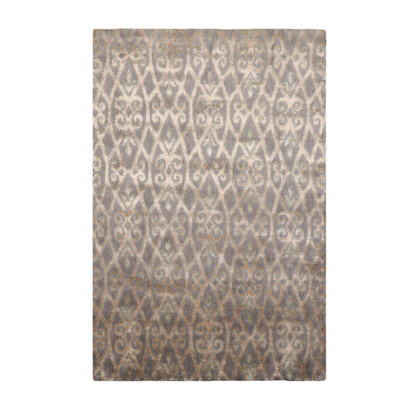 Tapis gris / beige en laine noué à la main de conception unique 4 pi 1 po x 6 pi 1 po mitsuyoshi