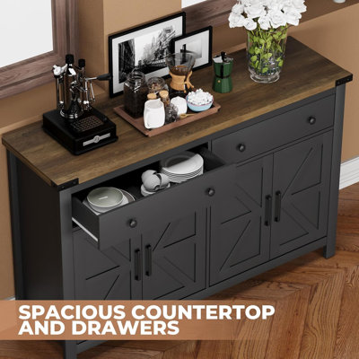 55" Sideboard Buffet Cabinet with Storage, Coffee Bar Cabinet with 2 Drawers and 4 Barn Doors
