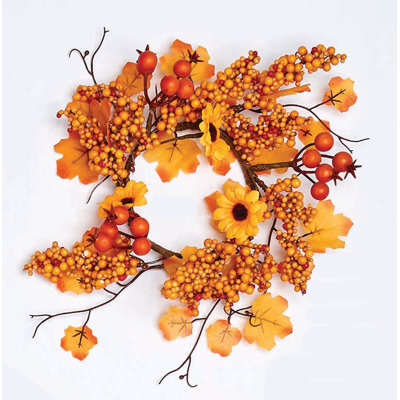 4.5" Inner Diameter Artificial Maple Pillar Candle Ring with Berries & Sunflowers