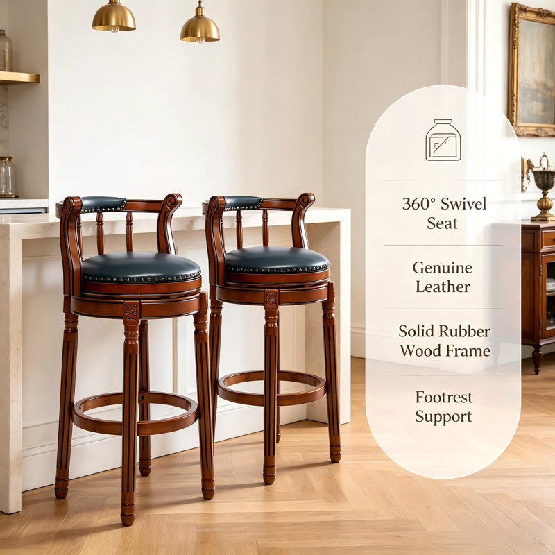 Tabouret de bar en cuir véritable avec revêtement en bois véritable, bleu marine, ensemble de 2, Bleu, 29,5 pouces