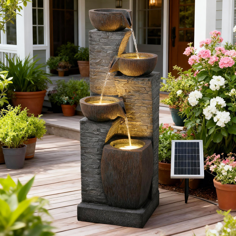 38.2" Tall Solar Water Fountain Outdoor Garden,4 Tiers Modern Cascading Bowls And Stacked Stones Solar Powered Fountains With Led Lights For Garden, Patio, Deck, Porch, Backyard, Lawns