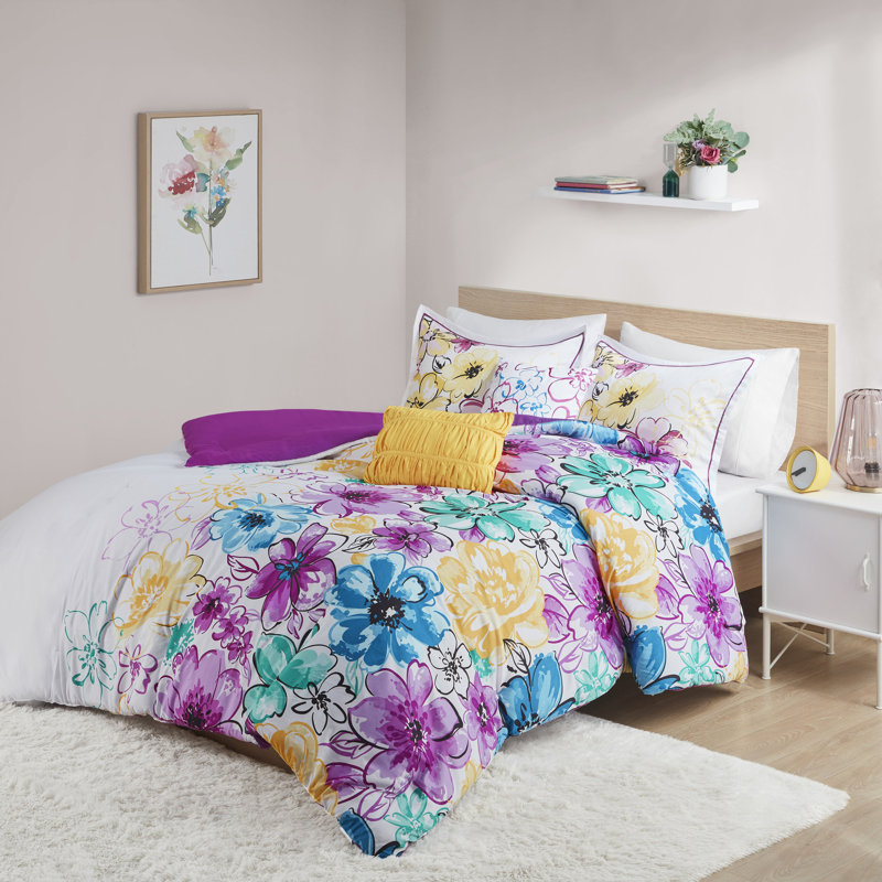 Olivia Floral Comforter Set, Teal, King/Cal.King Comforter +2 Shams + 2 Throw Pillows