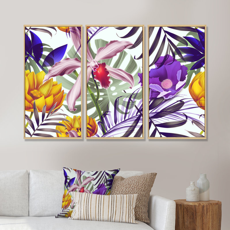 Fleurs tropicales rétro, ensemble de 3 toiles encadrées traditionnelles, Brun, H 32 po x l 48 po x P 1 po