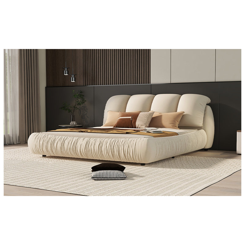 Grand lit en velours avec dossier rembourré surdimensionné, Beige
