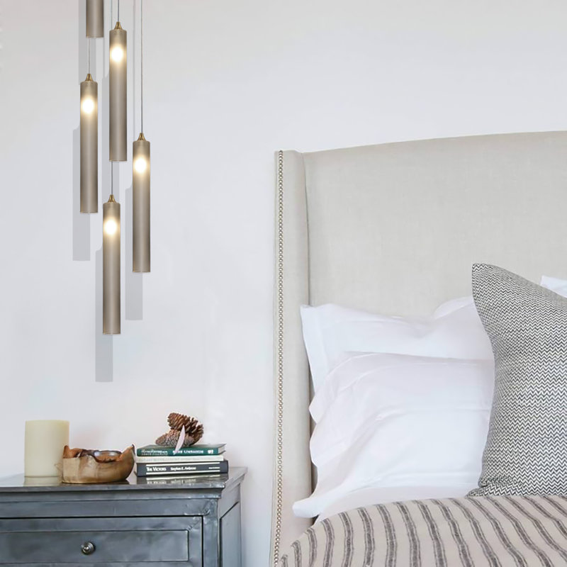 Rainfall 5 Pendant Lights, Satin Nickel, Frosted Gray