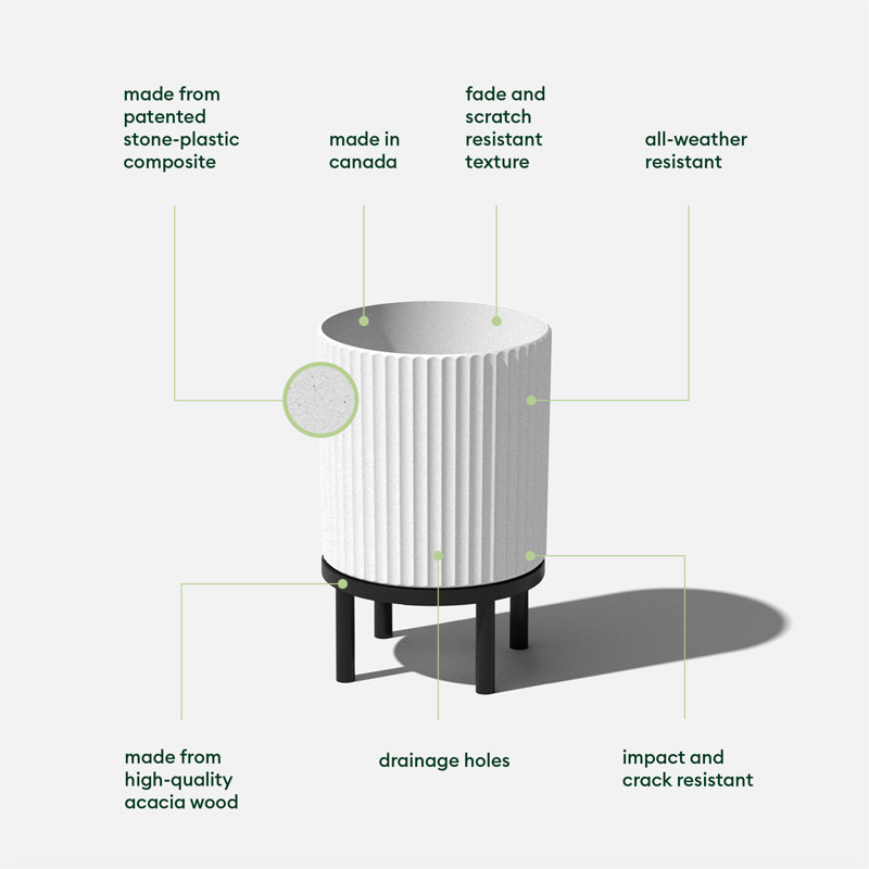 White and Black Fluted Planter with Acacia Wood Stand