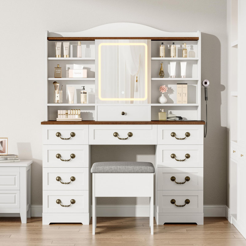 Bureau de maquillage avec miroir et lumières, coiffeuse avec chaise, bureau de coiffeuse avec 10 tiroirs et 10 tablettes de rangement