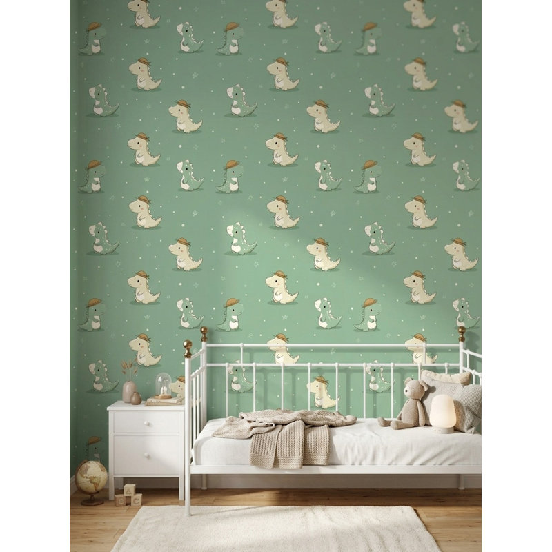 Mignon papier peint de dinosaures, papier peint de chambre de bébé, fond vert sauge, Non tissé, non collé