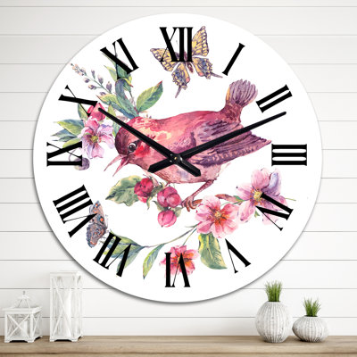 Oiseau sur une branche en fleurs I - Horloge murale traditionnelle