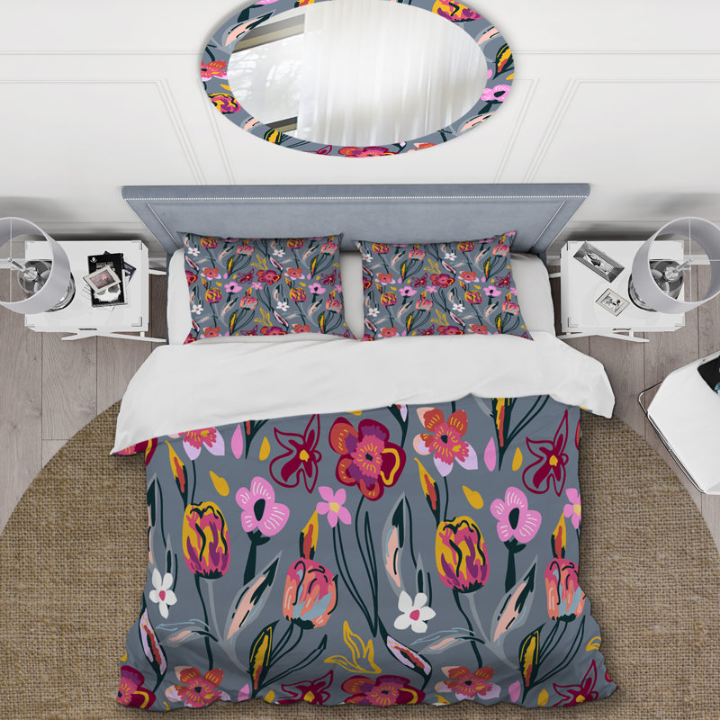 Fleurs grises - Ensemble de housse de couette floral - Polyester microfibre