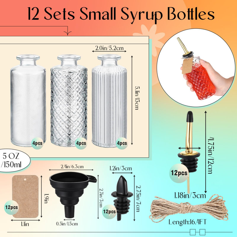 12 Sets Glass Coffee Syrup Bottles Simple Syrup Dispenser Bottles With Pourers Dust Lids Labels And Funnel Coffee Bar Accessories Glass Dispenser(Basic Style)