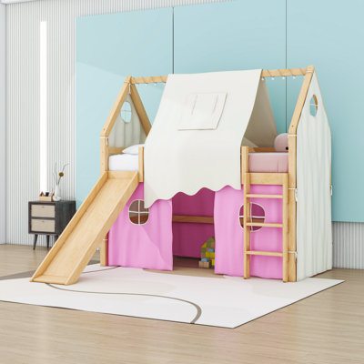 Whimsical House-Shaped Loft Bed with Built-In Slide and Tent