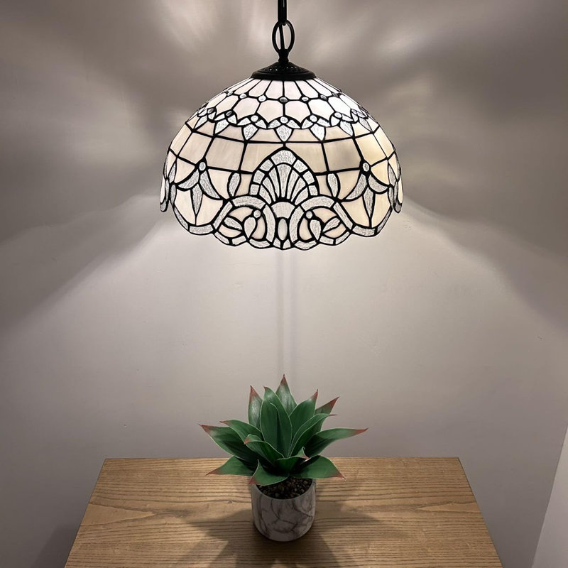 White Stained Glass Bronze LED Pendant Light Fixture