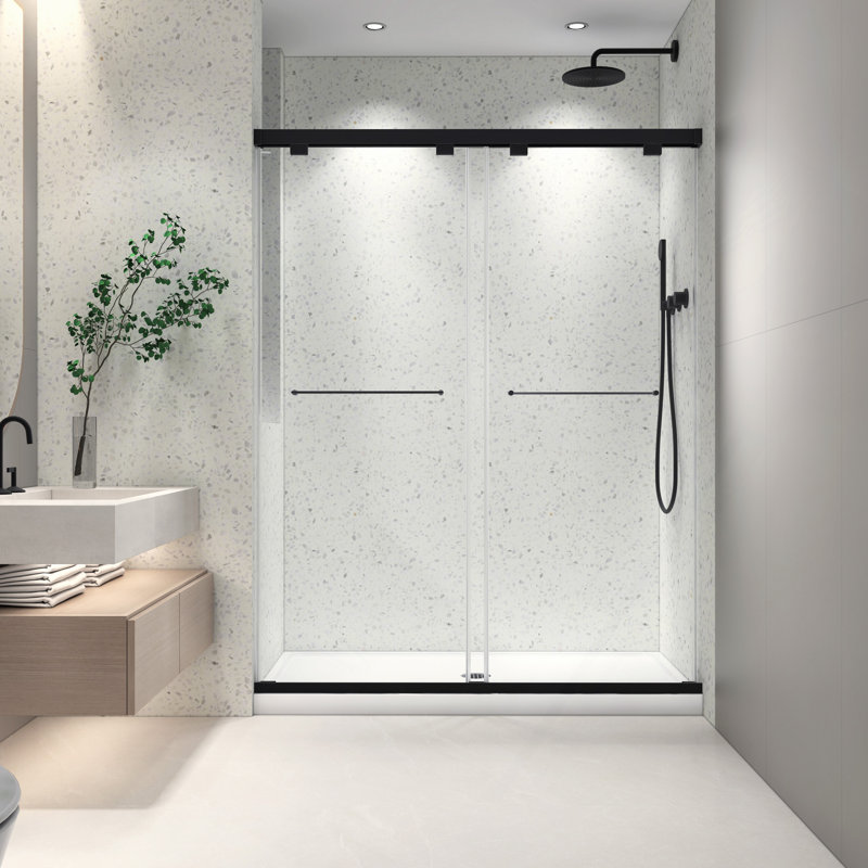 Porte de douche double coulissante noire mat sans cadre 60 x 76 po avec fonction de fermeture douce réglable en verre trempé de 8 mm avec nettoyage facile à utiliser et anti-déflagrant