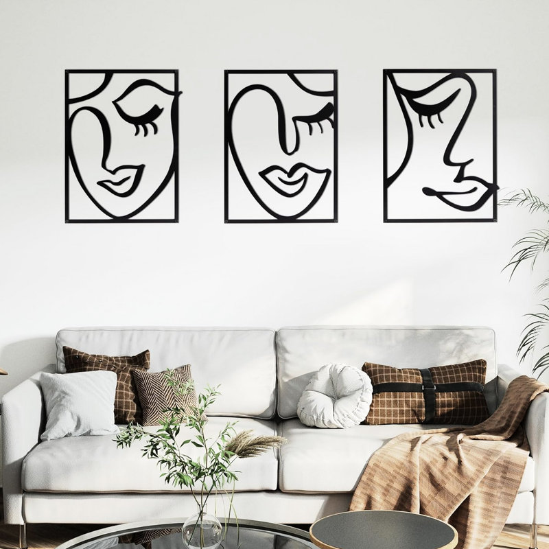 Three Piece Wall Decor , Black Metal Rectangular Frame, Female Face Abstract Design, Cut Hollow Out, For Home Beautification Art, Line Drawing Pattern, 3D Out Cut, Easy To Hang On Decorative Style